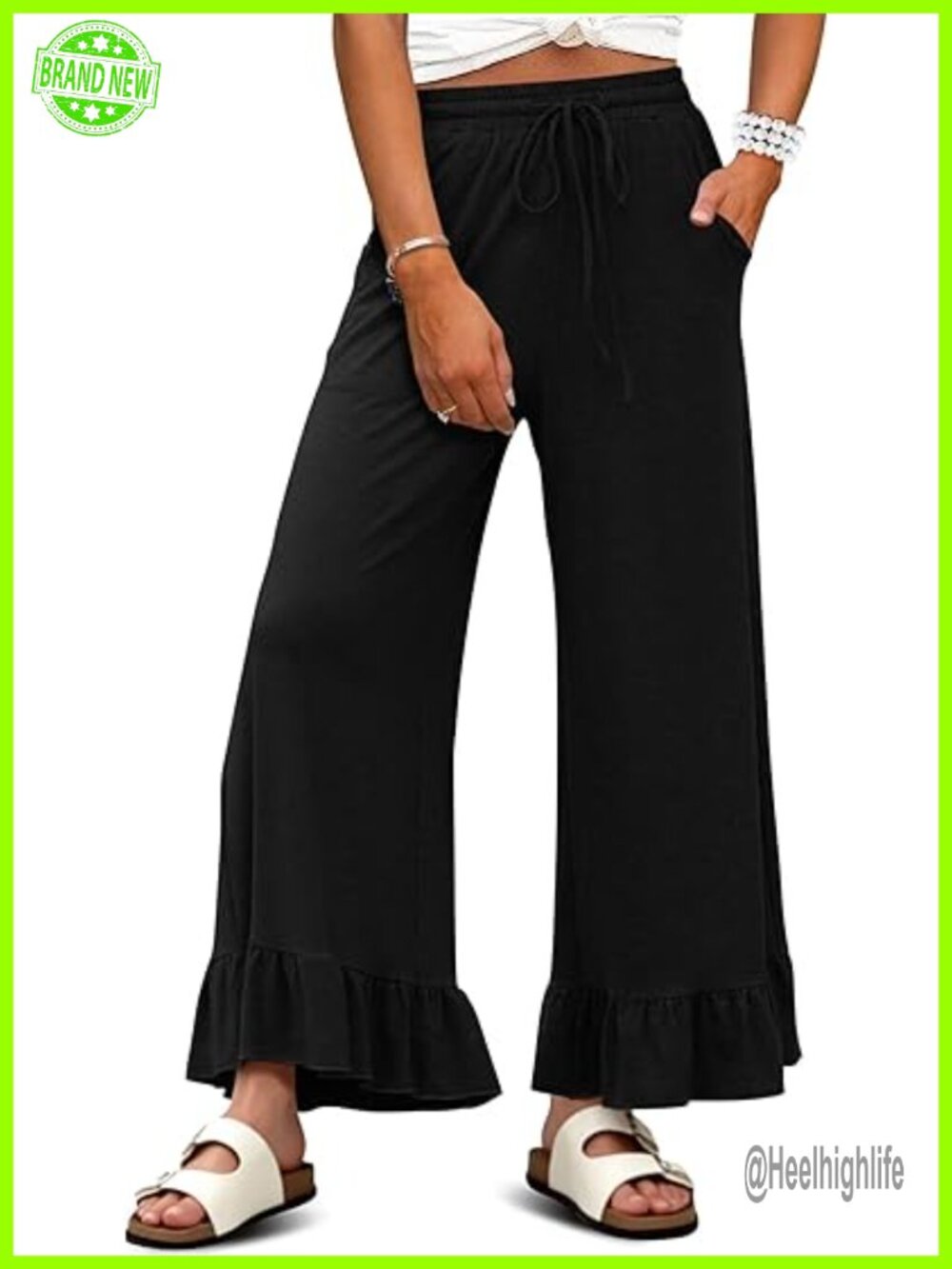 High Waisted Palazzo Lounge Pants Wide Leg Ruffle Hem Drawstring Pockets